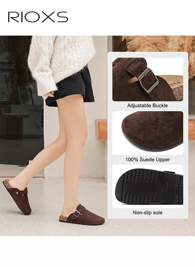 RIOXS Unisex Suede Clogs, Women's Flat Mules Men's Clogs Mules, Premium Suede Leather Clogs Sandals, Anti-Slip Flat Mules for Men Women, Classic Slip-On Closed Toe Slippers, Clog Potato Shoes with Arch Support, Soft Cork Footbed Adjustable Buckle Slip Sandals, Casual Clogs for Indoors Outdoor Activities, Wide Feet Friendly Clogs for Work and Weekend Outings, ​Coffer Brown Suede Mules - Image 5